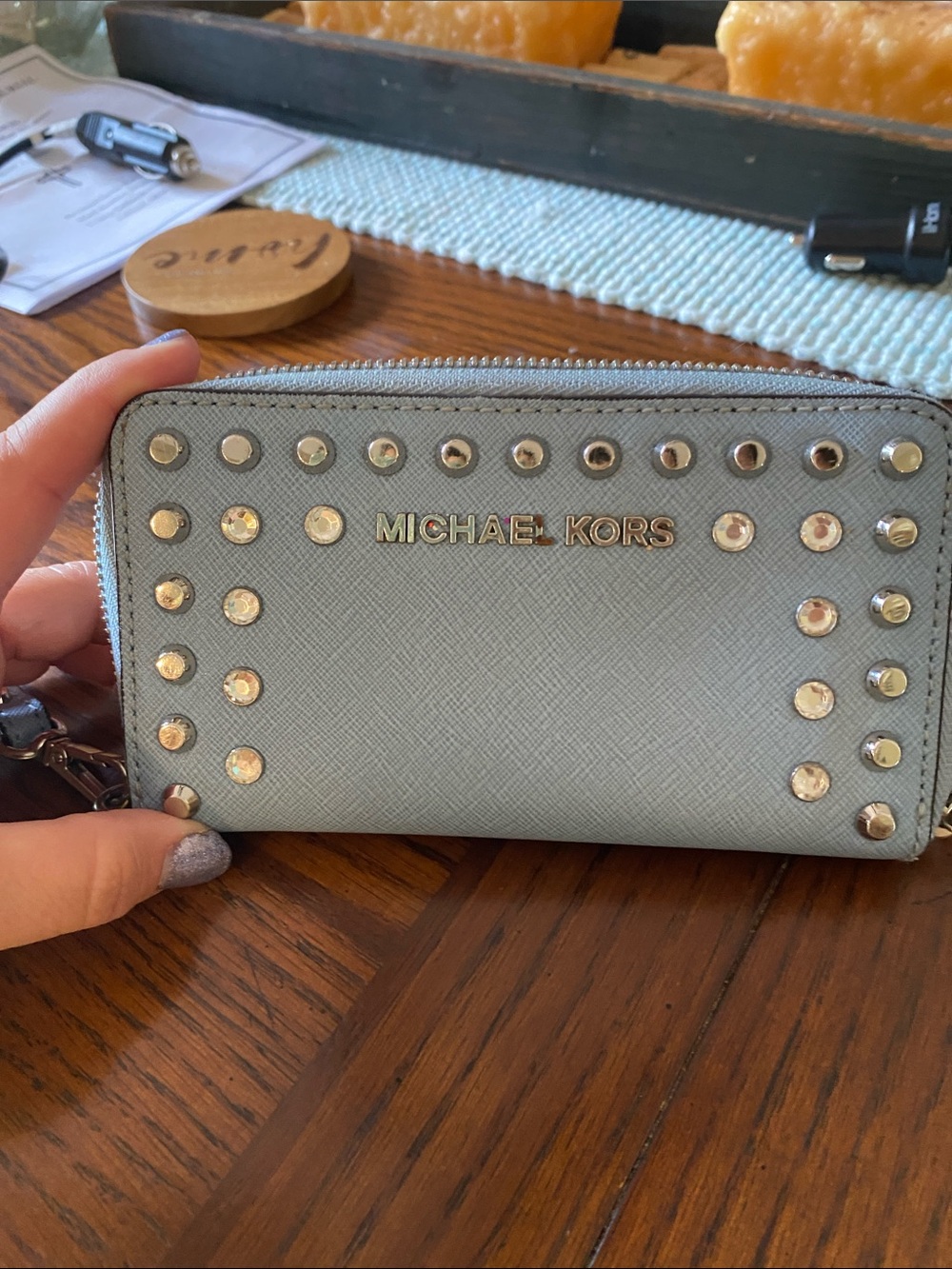 Michael Kors Light Blue Studded Saffiano Zip Wallet